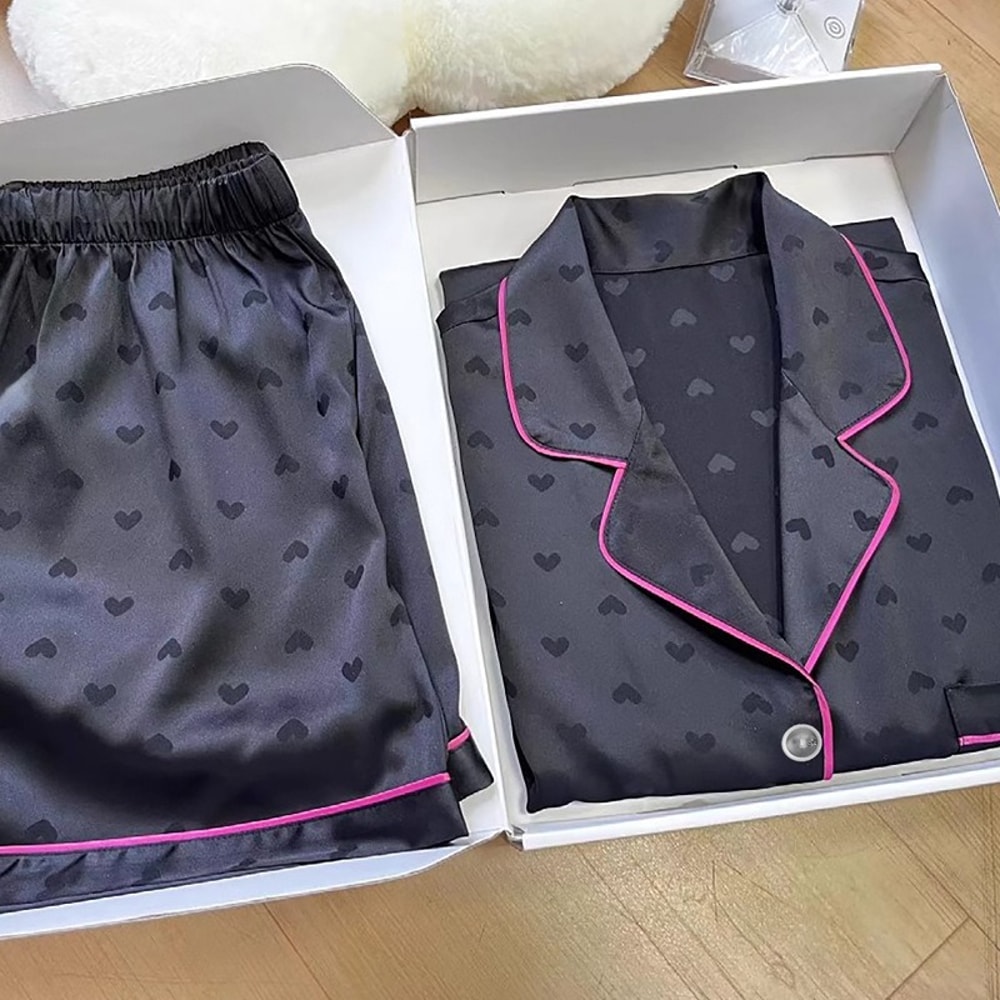 Womens Silk Satin Pajamas Set Summer Button Down Top Shorts Sexy Heart Print Sleepwear Loungewear F 3