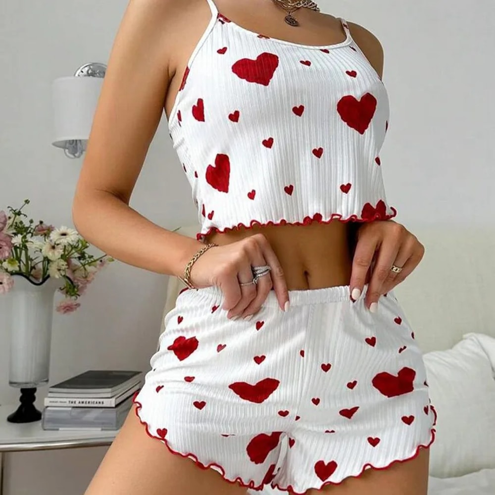 Womens Pajama Set, Sexy Cute Kawaii Pajamas, Women Suspenders Loungewear, Lolita Heart Silk Sleepwear Shorts Set