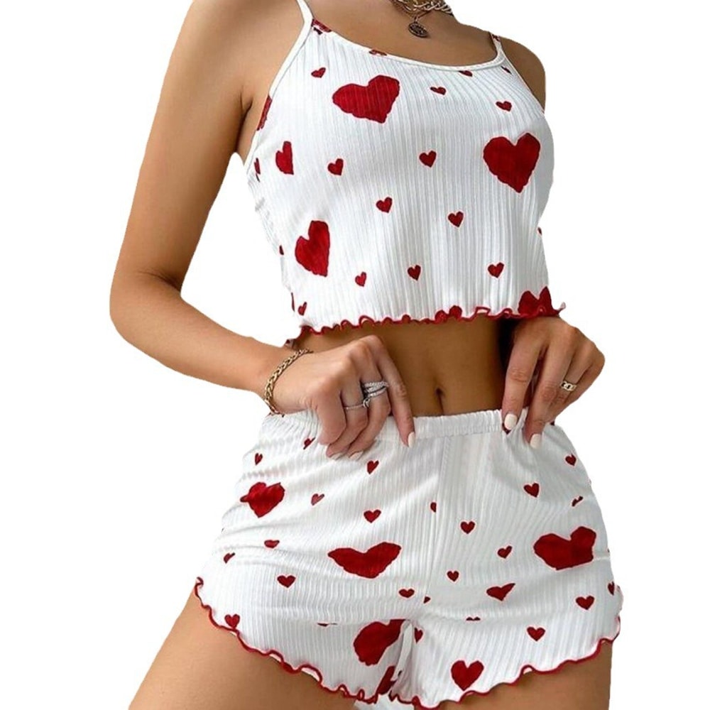 Womens Pajama Set, Sexy Cute Kawaii Pajamas, Women Suspenders Loungewear, Lolita Heart Silk Sleepwear Shorts Set