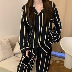 light luxury ice silk pajamas, womens pajama set, black vertical stripes, long sleeve, spring autumn nightwear set