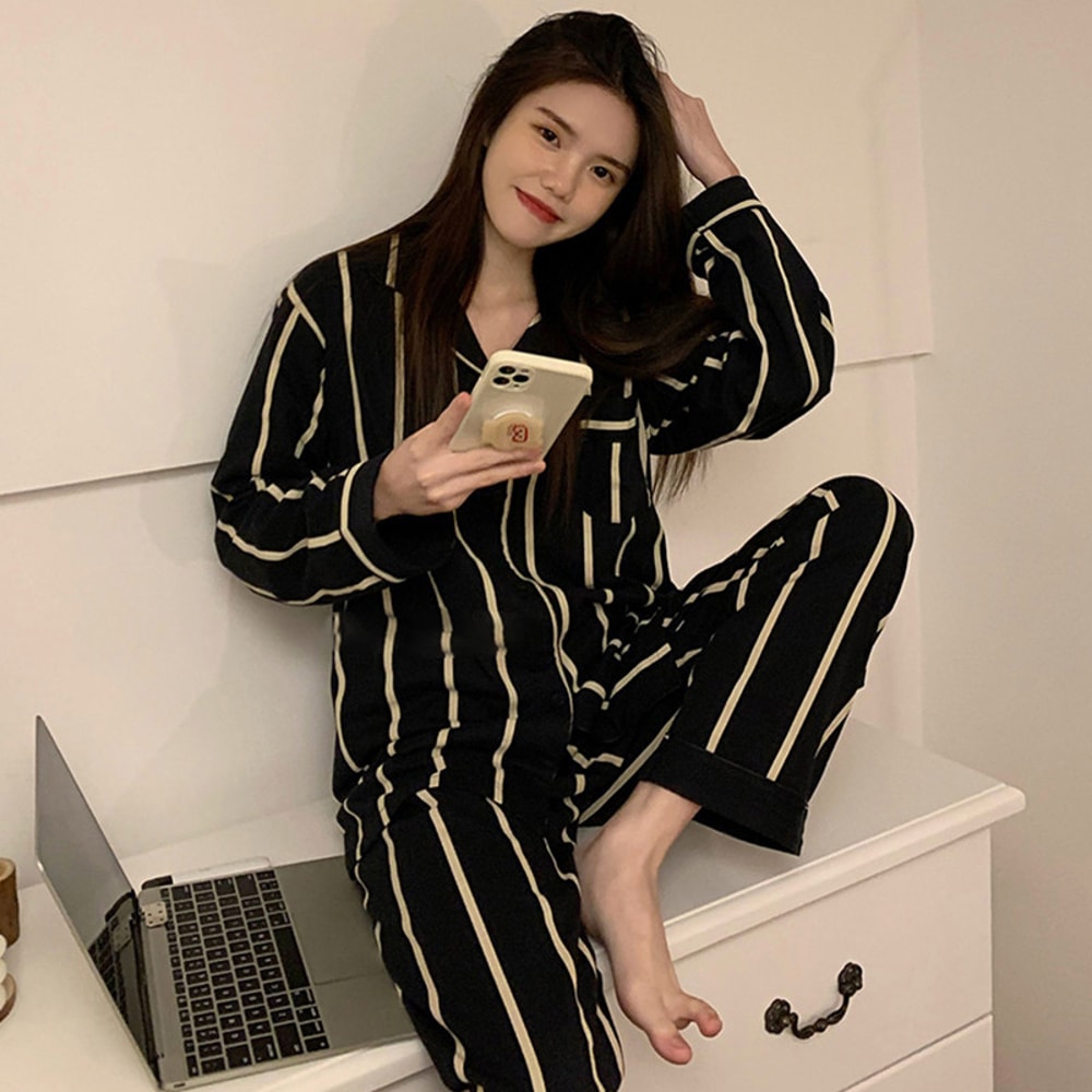 Light Luxury Ice Silk Pajamas, Womens Pajama Set, Black Vertical Stripes, Long Sleeve, Spring Autumn Nightwear Set