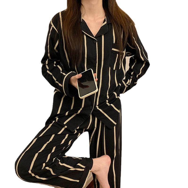 Light Luxury Ice Silk Pajamas, Womens Pajama Set, Black Vertical Stripes, Long Sleeve, Spring Autumn Nightwear Set