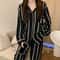 Light Luxury Ice Silk Pajamas, Womens Pajama Set, Black Vertical Stripes, Long Sleeve, Spring Autumn Nightwear Set