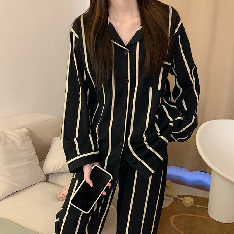 Light Luxury Ice Silk Pajamas, Womens Pajama Set, Black Vertical Stripes, Long Sleeve, Spring Autumn Nightwear Set