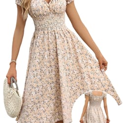 fluffy cuffed vintage floral dress, pleated waist cinching for women's summer beach wear