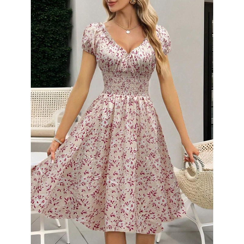 Fluffy Cuffed Vintage Floral Dress, Pleated Waist Cinching for Women's Summer Beach Wear
