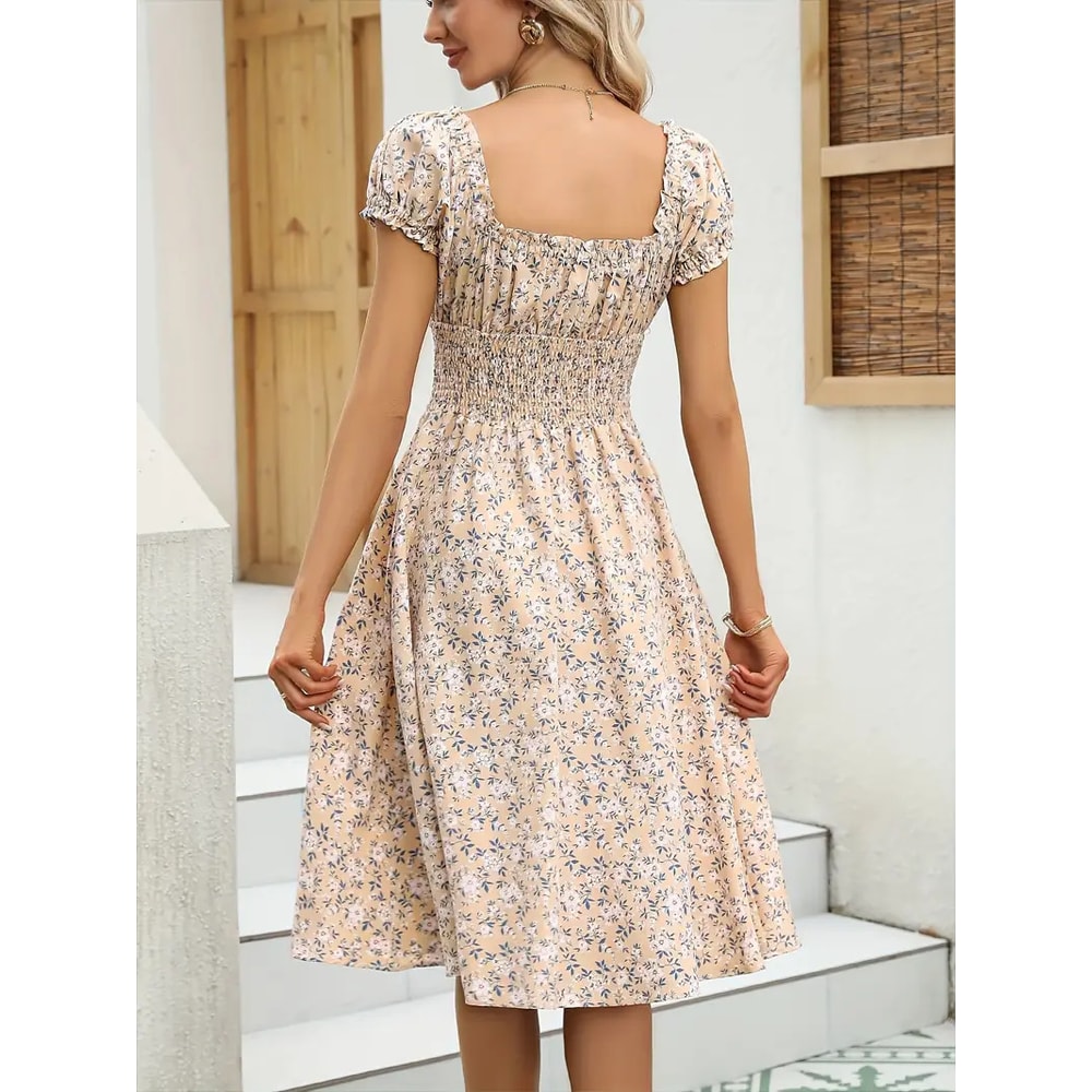 Fluffy Cuffed Vintage Floral Dress, Pleated Waist Cinching for Women's Summer Beach Wear