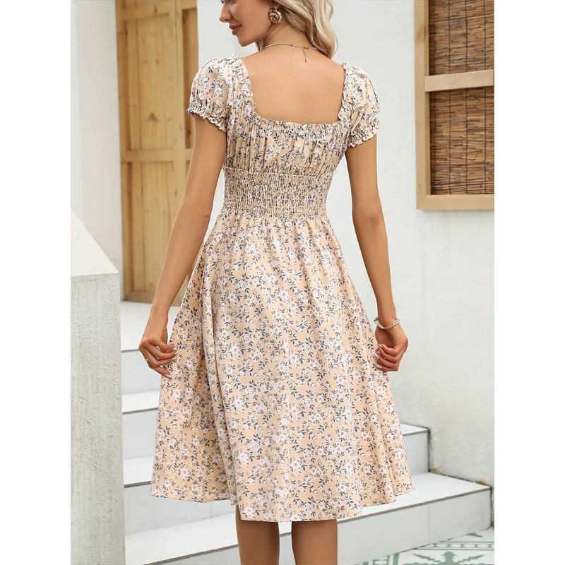 Fluffy Cuffed Vintage Floral Dress, Pleated Waist Cinching for Women's Summer Beach Wear