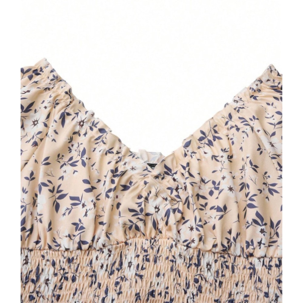 Fluffy Cuffed Vintage Floral Dress, Pleated Waist Cinching for Women's Summer Beach Wear