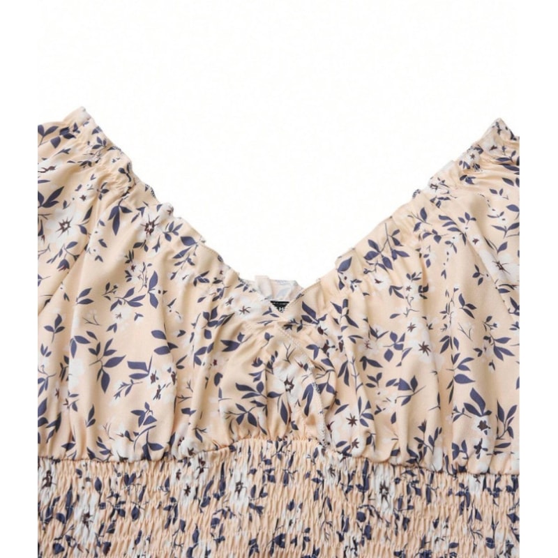 Fluffy Cuffed Vintage Floral Dress, Pleated Waist Cinching for Women's Summer Beach Wear