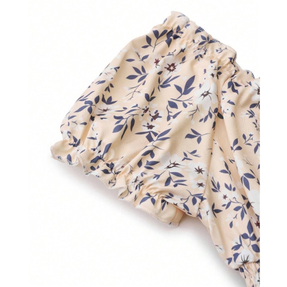 Fluffy Cuffed Vintage Floral Dress, Pleated Waist Cinching for Women's Summer Beach Wear