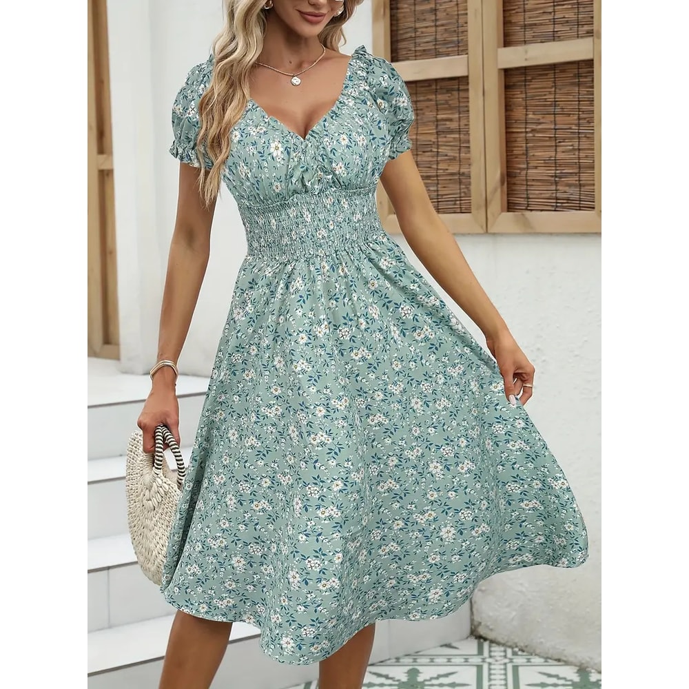 Fluffy Cuffed Vintage Floral Dress, Pleated Waist Cinching for Women's Summer Beach Wear