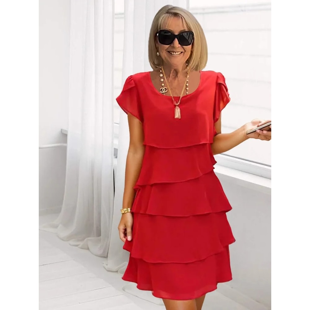Casual Multi-Layered Mini Dress, Women's Solid Color, Short Sleeve Round Neck Dress