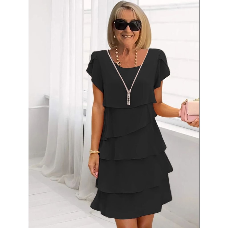 Casual Multi-Layered Mini Dress, Women's Solid Color, Short Sleeve Round Neck Dress