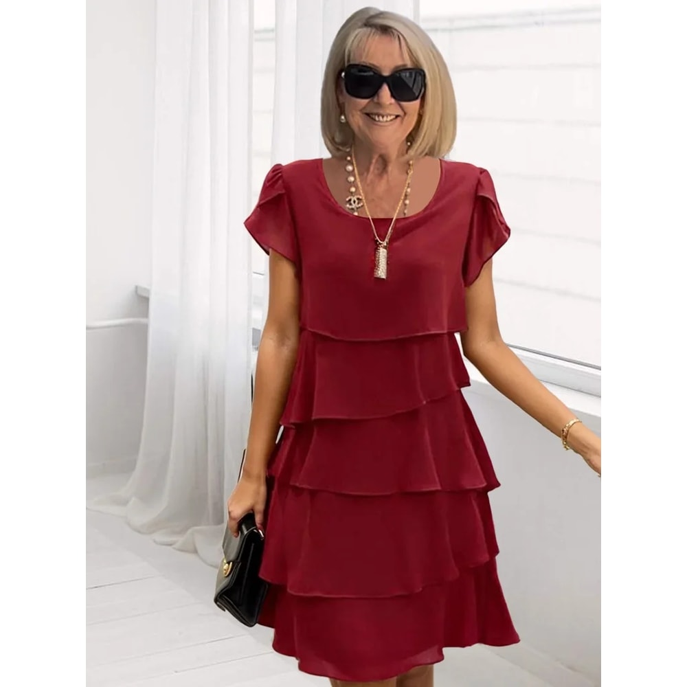 Casual Multi-Layered Mini Dress, Women's Solid Color, Short Sleeve Round Neck Dress