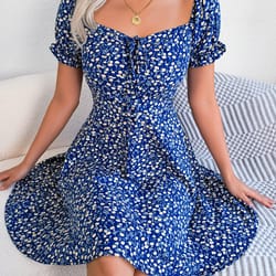 women casual flare sleeves drawstring lace up spring summer square collar floral ruffles mini dress, a line dress