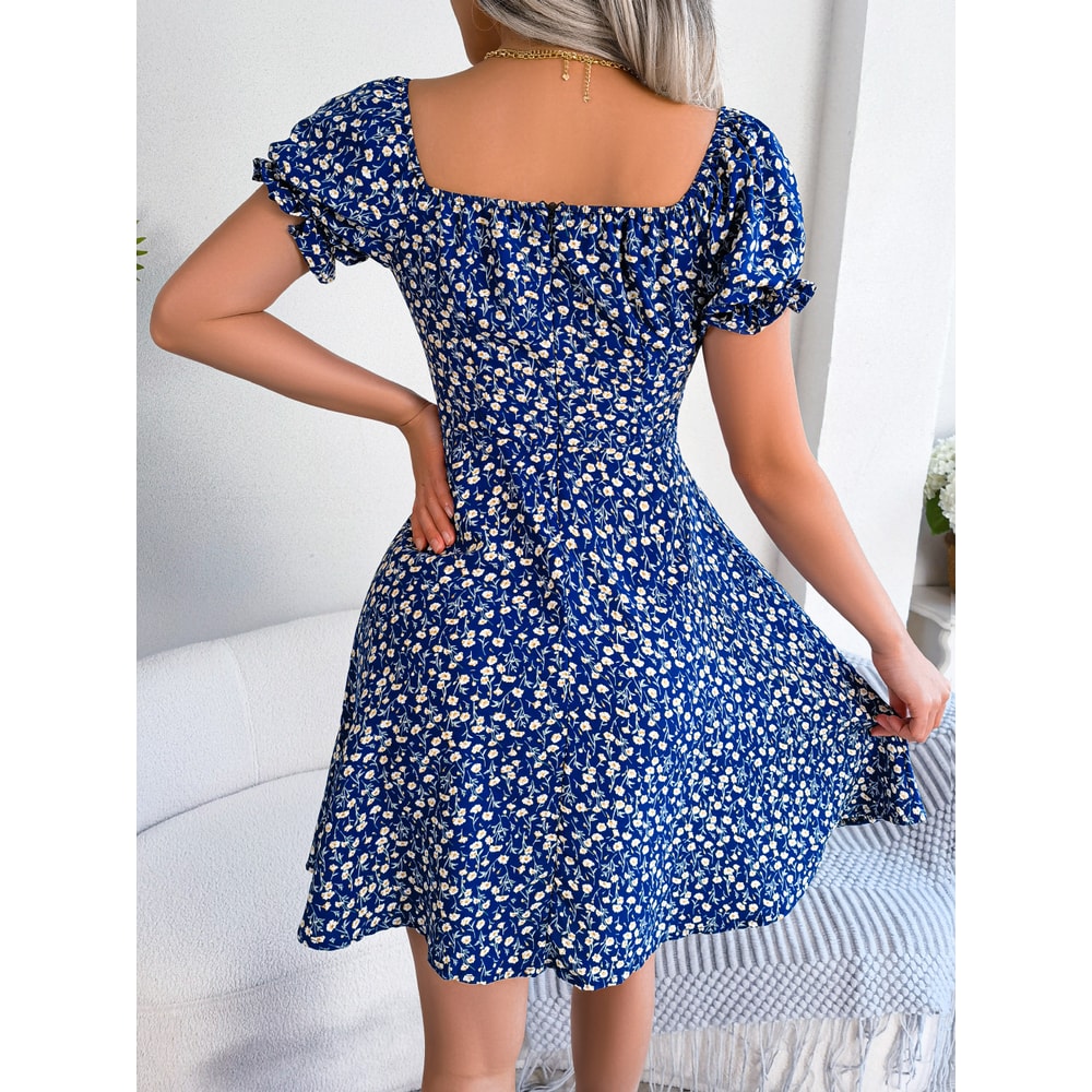 Women Casual Flare Sleeves Drawstring Lace Up Spring Summer Square Collar Floral Ruffles Mini Dress, A Line Dress