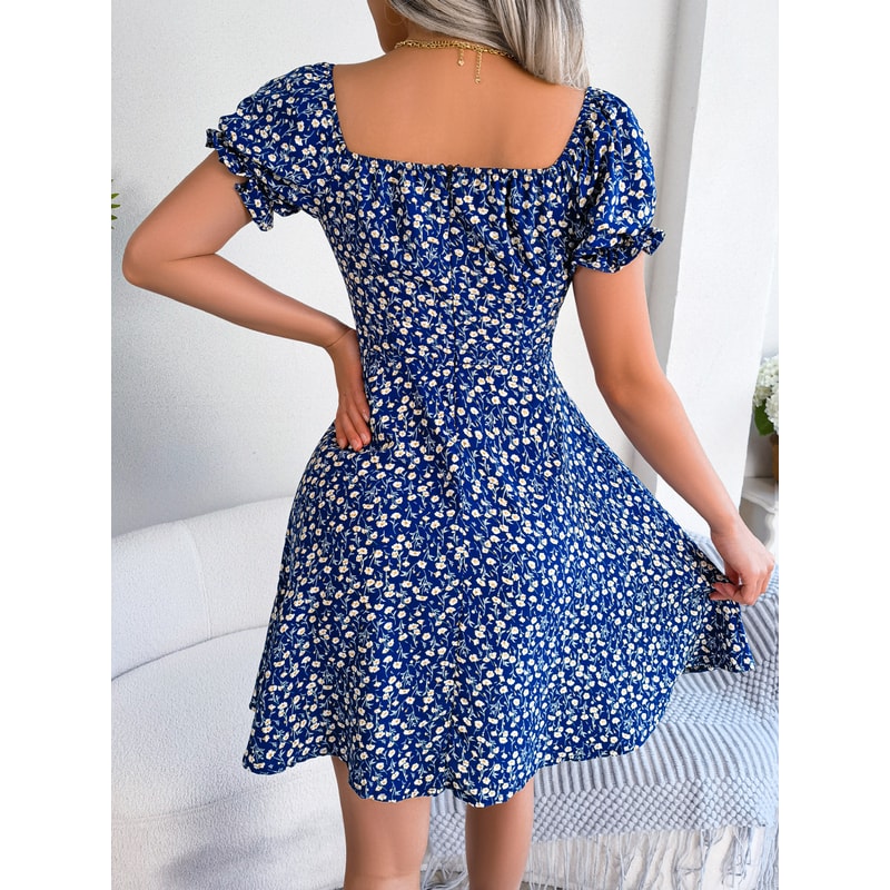 Women Casual Flare Sleeves Drawstring Lace Up Spring Summer Square Collar Floral Ruffles Mini Dress, A Line Dress