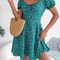 Women Casual Flare Sleeves Drawstring Lace Up Spring Summer Square Collar Floral Ruffles Mini Dress, A Line Dress