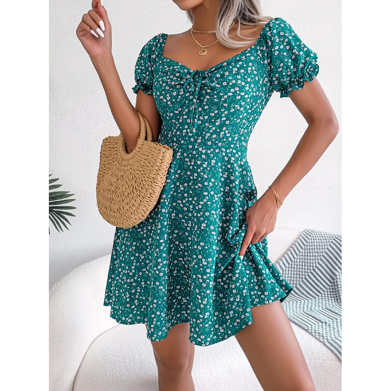 Women Casual Flare Sleeves Drawstring Lace Up Spring Summer Square Collar Floral Ruffles Mini Dress, A Line Dress