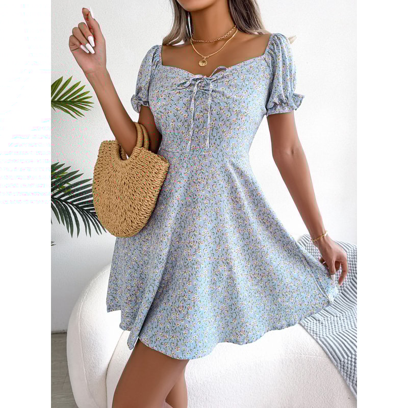 Women Casual Flare Sleeves Drawstring Lace Up Spring Summer Square Collar Floral Ruffles Mini Dress, A Line Dress