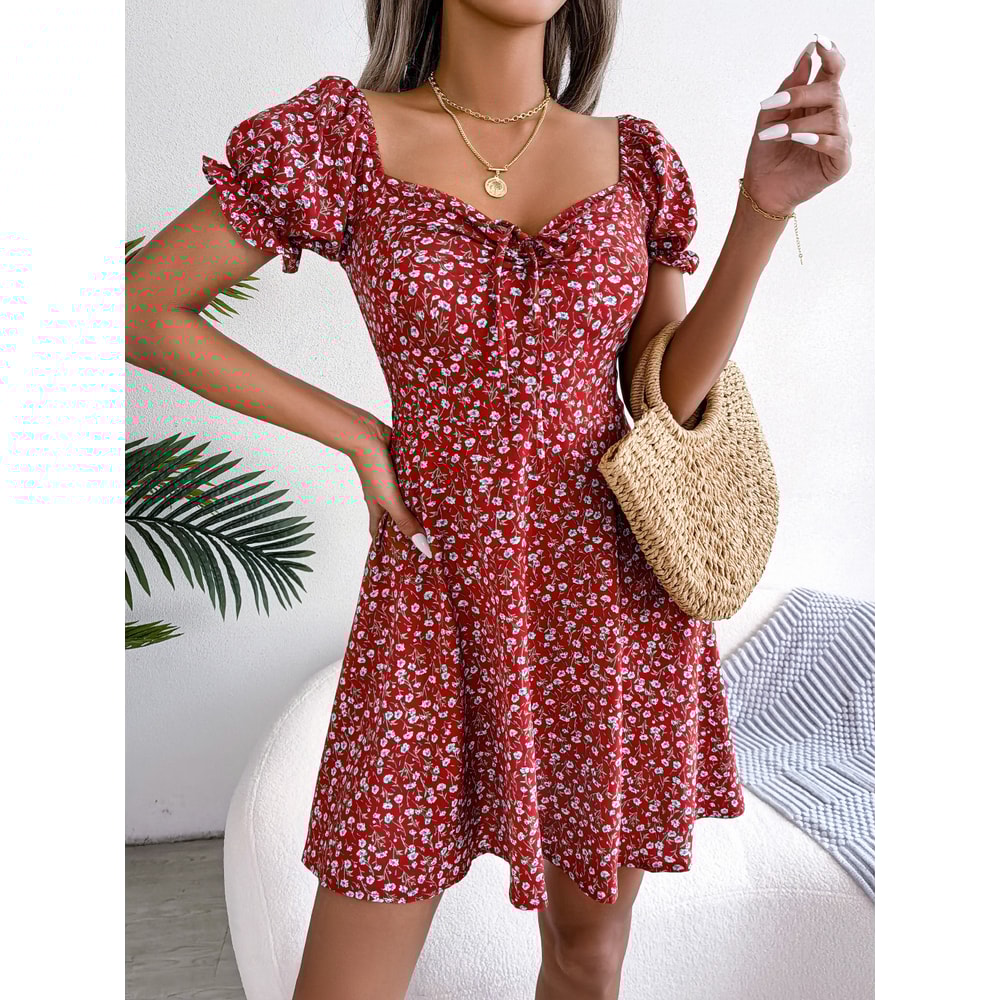 Women Casual Flare Sleeves Drawstring Lace Up Spring Summer Square Collar Floral Ruffles Mini Dress, A Line Dress