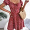 Women Casual Flare Sleeves Drawstring Lace Up Spring Summer Square Collar Floral Ruffles Mini Dress, A Line Dress