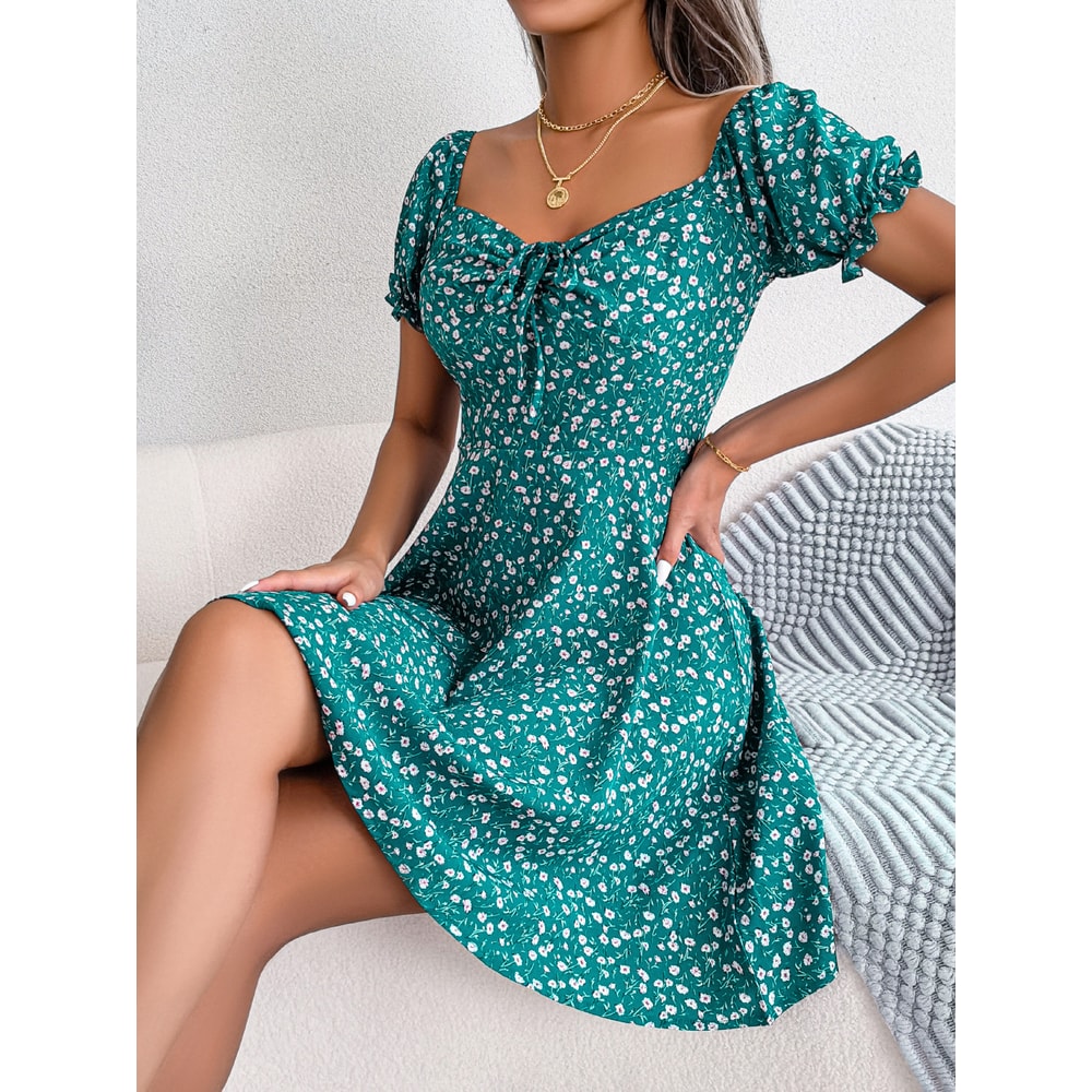 Women Casual Flare Sleeves Drawstring Lace Up Spring Summer Square Collar Floral Ruffles Mini Dress, A Line Dress