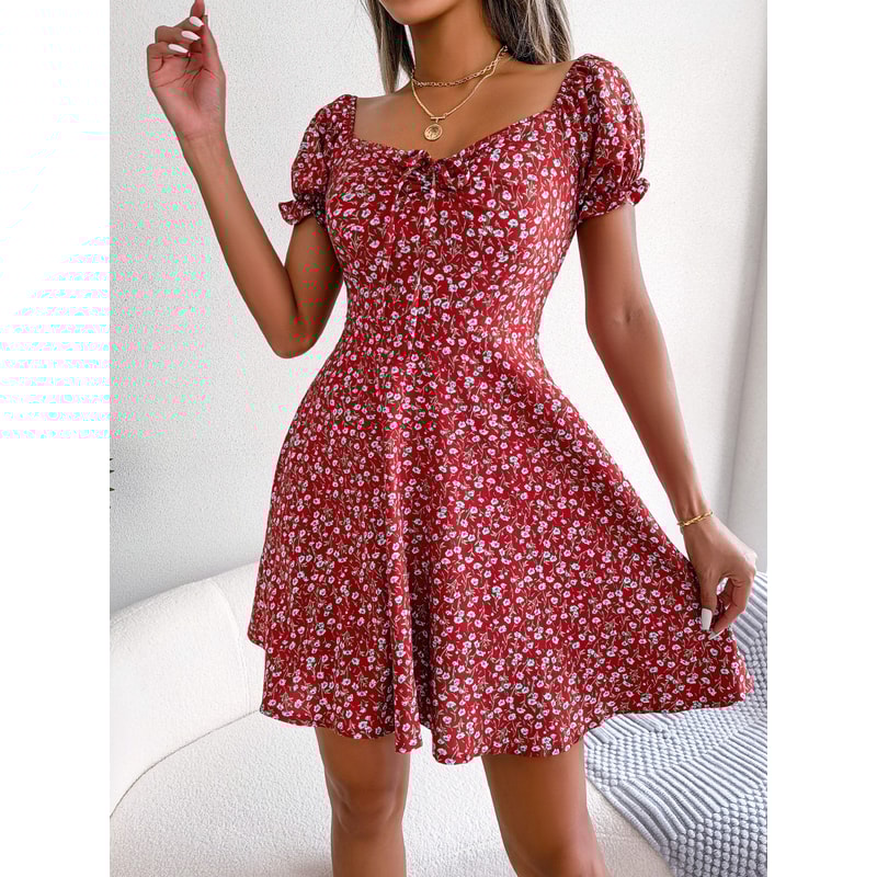 Women Casual Flare Sleeves Drawstring Lace Up Spring Summer Square Collar Floral Ruffles Mini Dress, A Line Dress