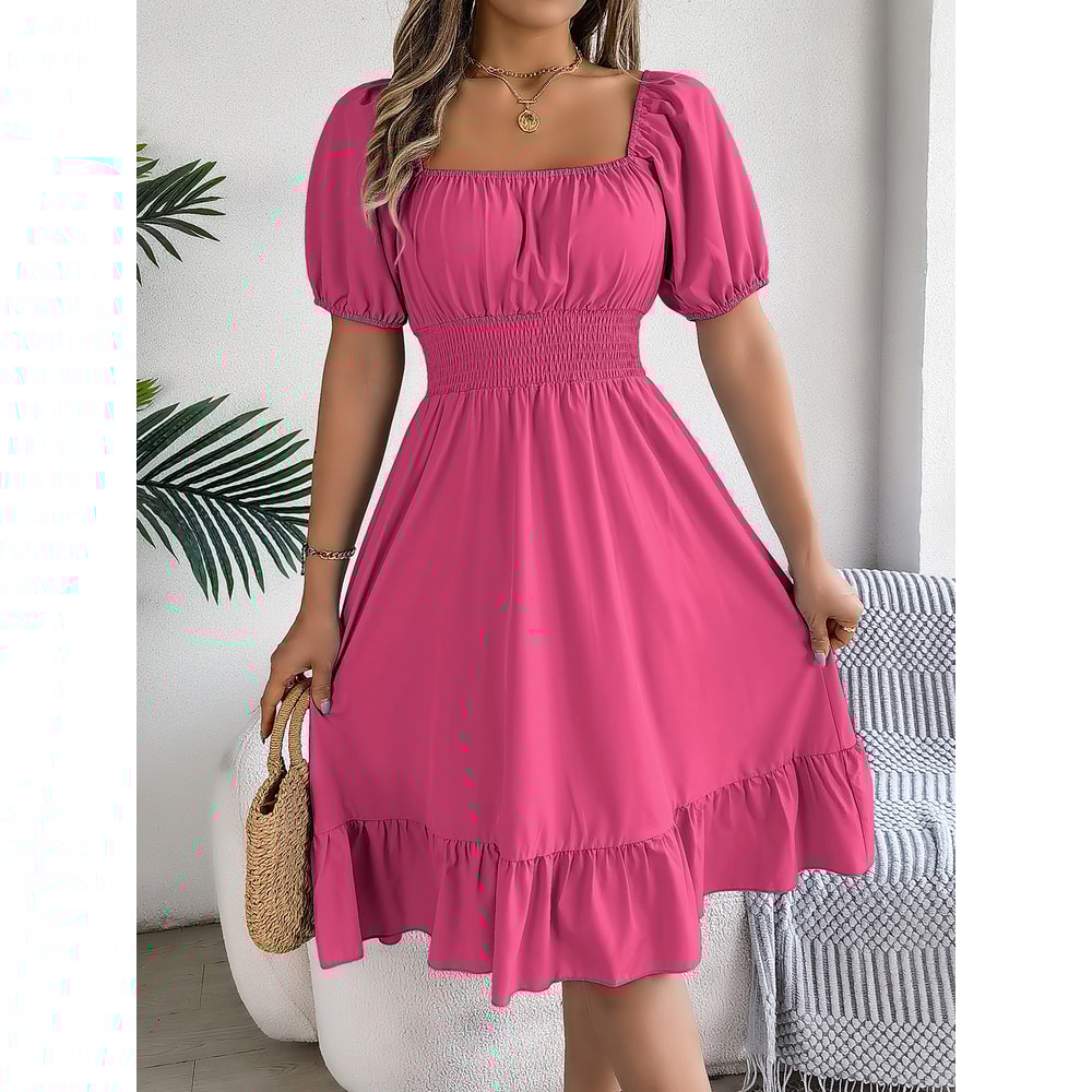 Short Sleeved Ruffled Edge Long Dresses, Waisted Dress Square Neck for Women