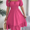 Short Sleeved Ruffled Edge Long Dresses, Waisted Dress Square Neck for Women