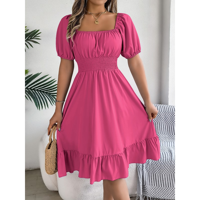 Short Sleeved Ruffled Edge Long Dresses, Waisted Dress Square Neck for Women