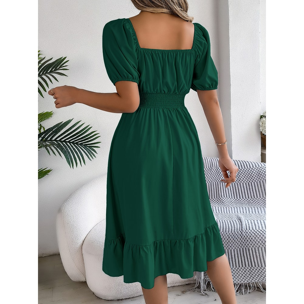 Short Sleeved Ruffled Edge Long Dresses, Waisted Dress Square Neck for Women