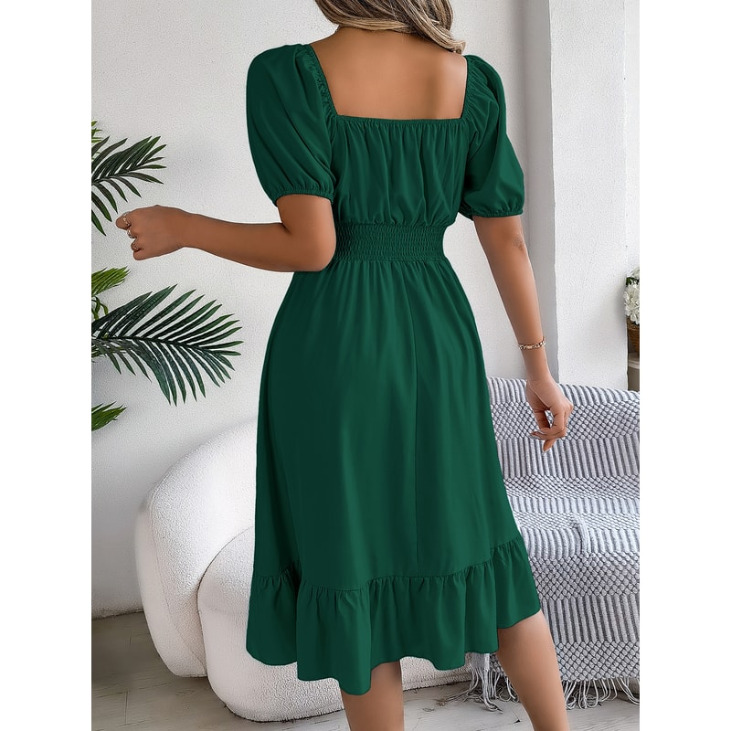 Short Sleeved Ruffled Edge Long Dresses, Waisted Dress Square Neck for Women