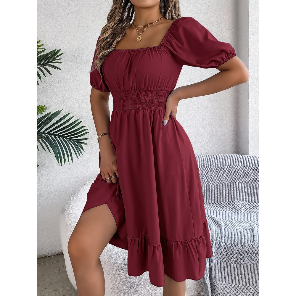Short Sleeved Ruffled Edge Long Dresses, Waisted Dress Square Neck for Women
