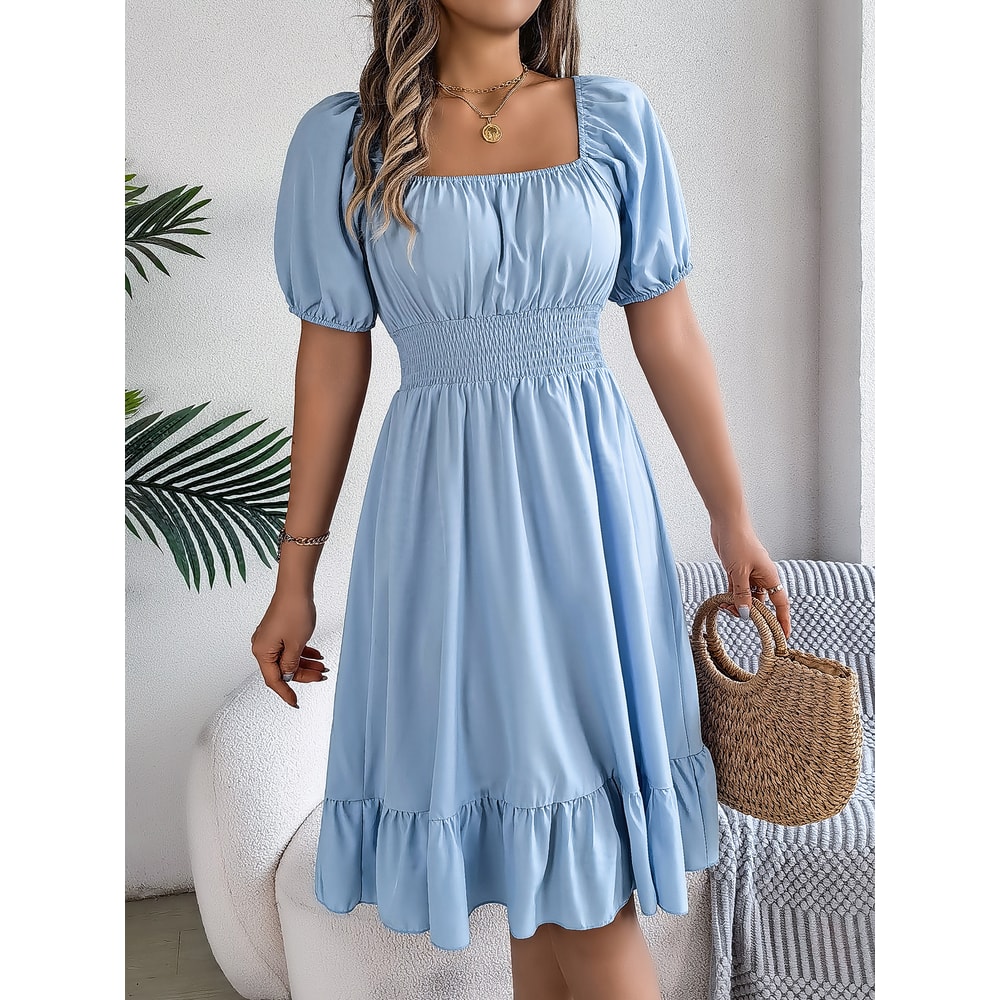 Short Sleeved Ruffled Edge Long Dresses, Waisted Dress Square Neck for Women