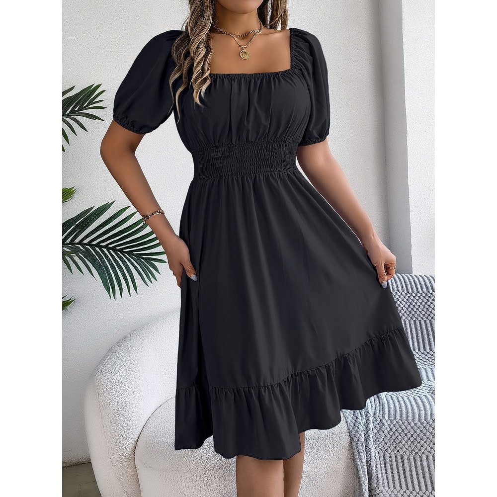 Short Sleeved Ruffled Edge Long Dresses, Waisted Dress Square Neck for Women