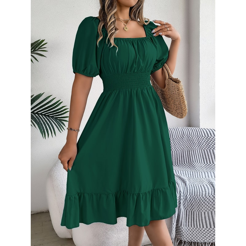 Short Sleeved Ruffled Edge Long Dresses, Waisted Dress Square Neck for Women