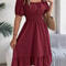 Short Sleeved Ruffled Edge Long Dresses, Waisted Dress Square Neck for Women