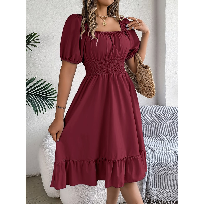 Short Sleeved Ruffled Edge Long Dresses, Waisted Dress Square Neck for Women