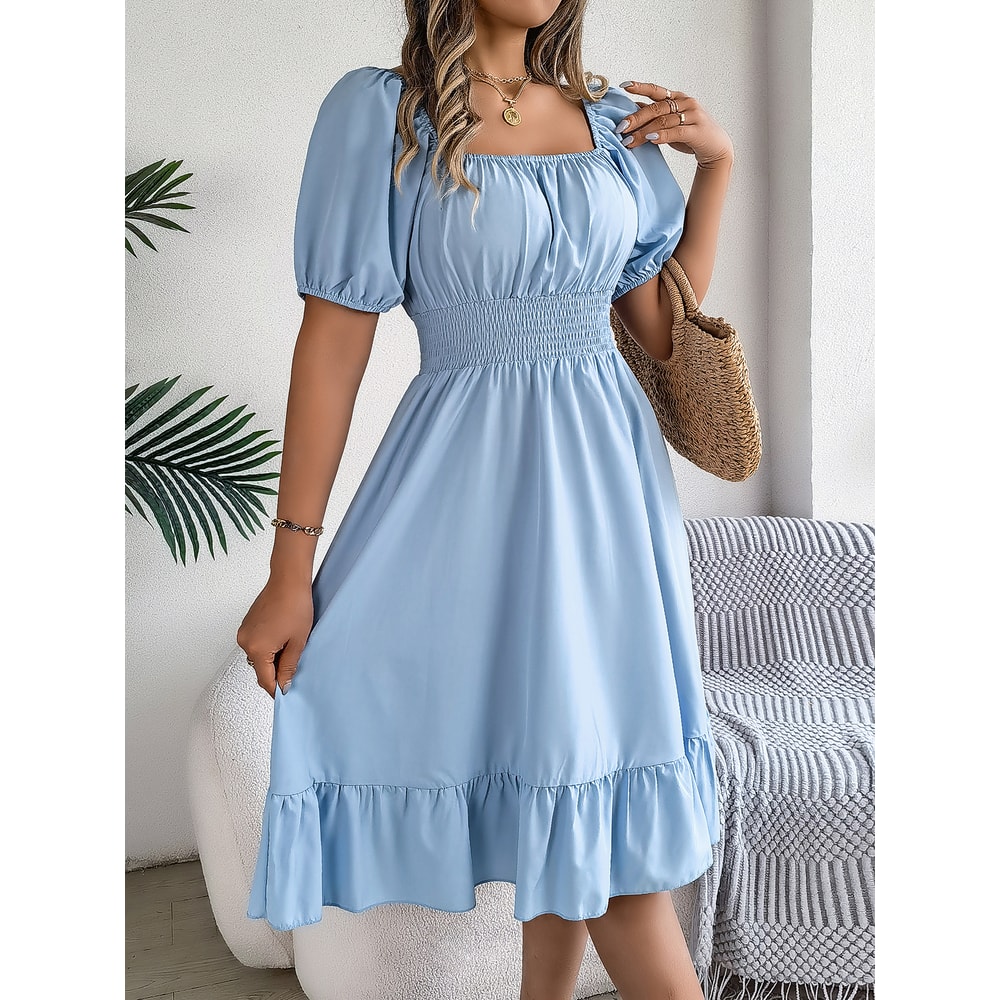 Short Sleeved Ruffled Edge Long Dresses, Waisted Dress Square Neck for Women