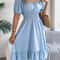 Short Sleeved Ruffled Edge Long Dresses, Waisted Dress Square Neck for Women