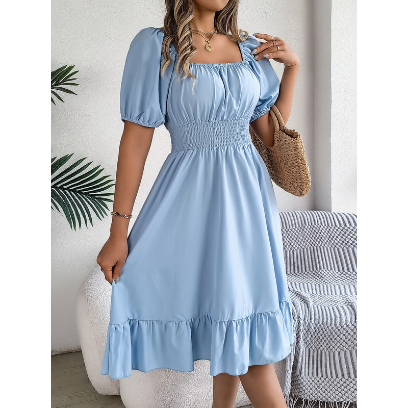 Short Sleeved Ruffled Edge Long Dresses, Waisted Dress Square Neck for Women
