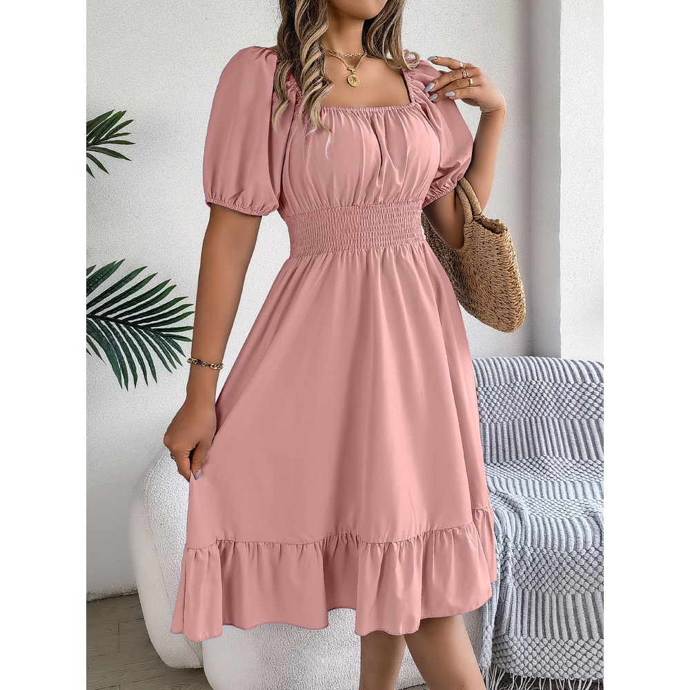 Short Sleeved Ruffled Edge Long Dresses, Waisted Dress Square Neck for Women