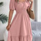Short Sleeved Ruffled Edge Long Dresses, Waisted Dress Square Neck for Women