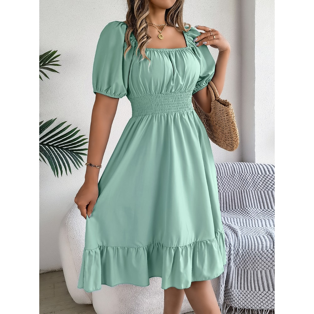 Short Sleeved Ruffled Edge Long Dresses, Waisted Dress Square Neck for Women