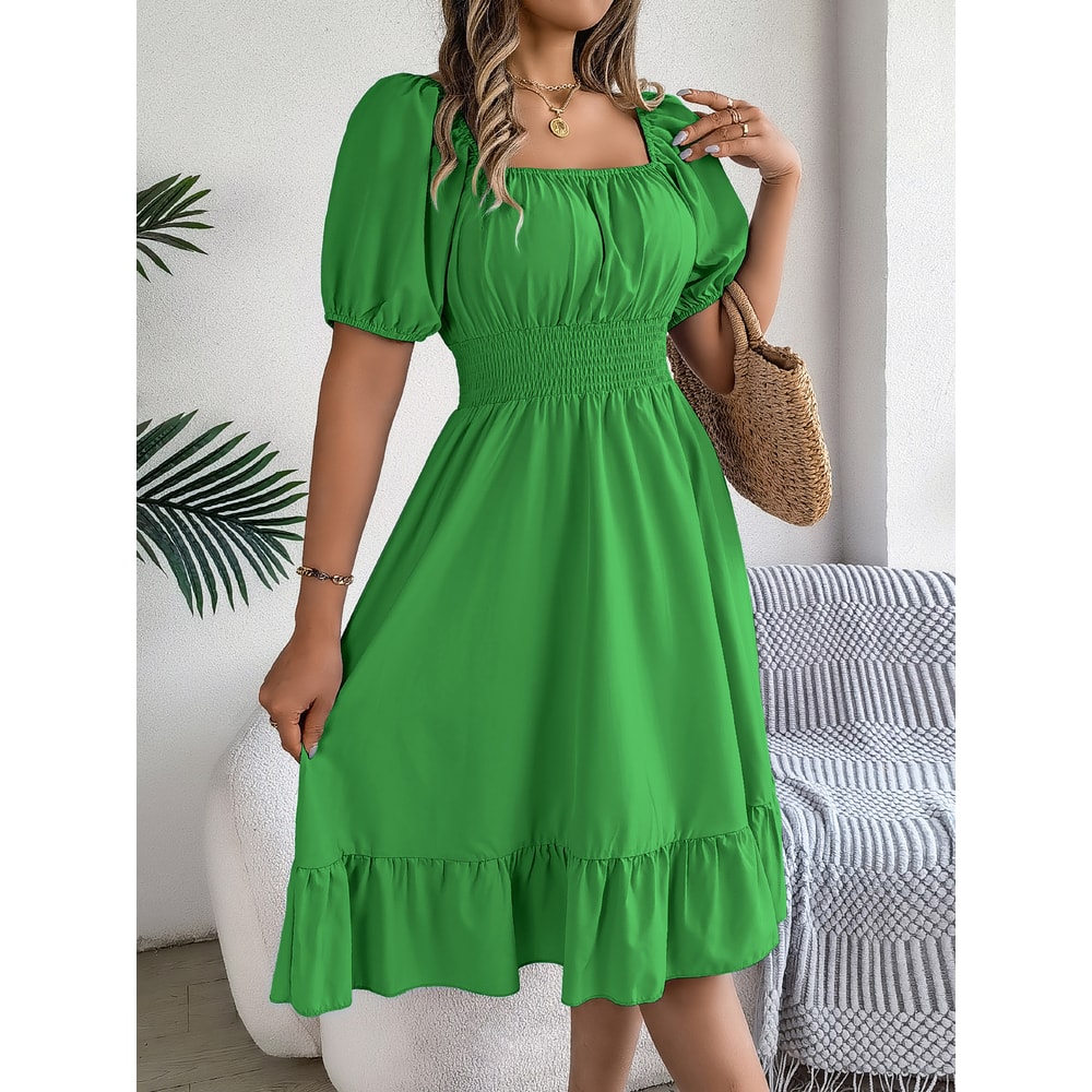 Short Sleeved Ruffled Edge Long Dresses, Waisted Dress Square Neck for Women