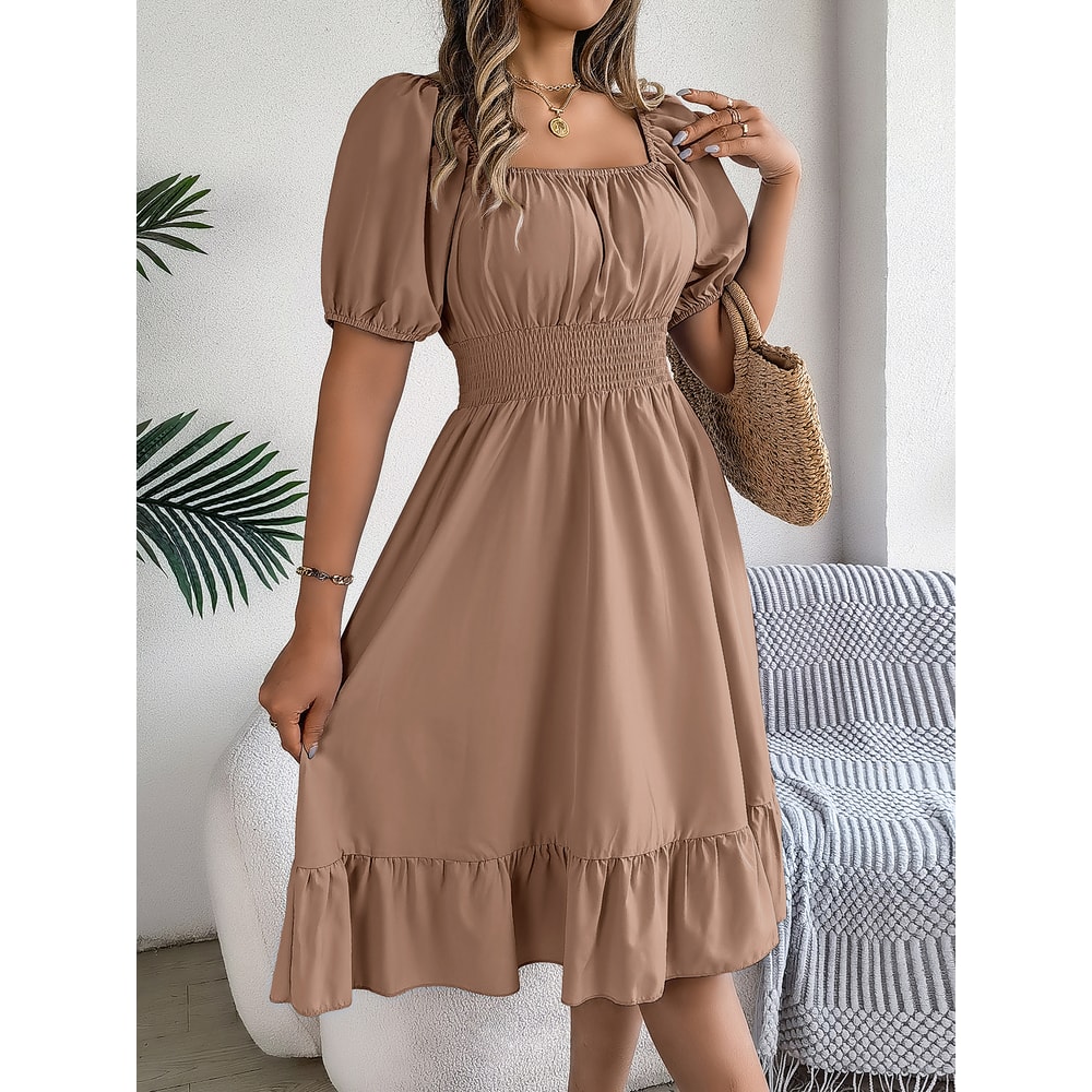Short Sleeved Ruffled Edge Long Dresses, Waisted Dress Square Neck for Women