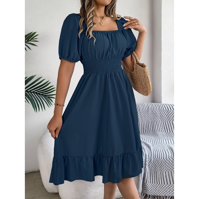 Short Sleeved Ruffled Edge Long Dresses, Waisted Dress Square Neck for Women