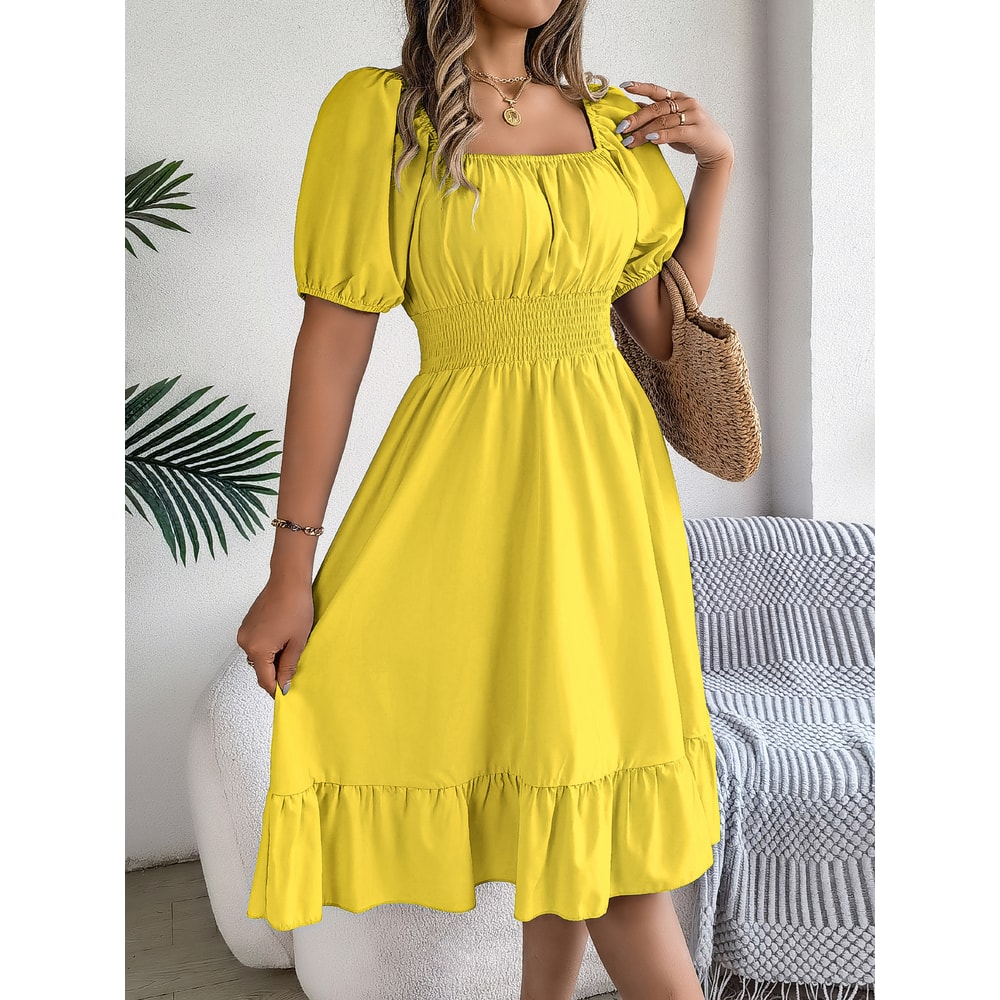 Short Sleeved Ruffled Edge Long Dresses, Waisted Dress Square Neck for Women